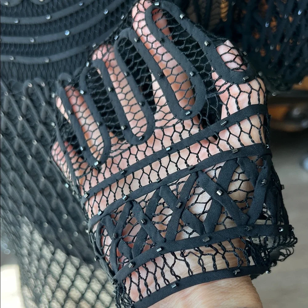 Sigrid Olsen Silk Knit Beaded Crochet Top S Coastal Grandma Black